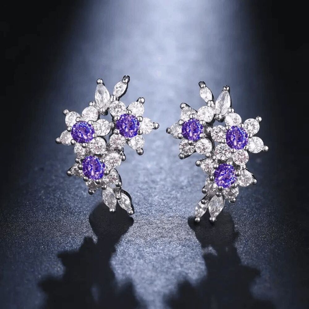 Boho Amethyst White Diamond Flower Stud Earrings